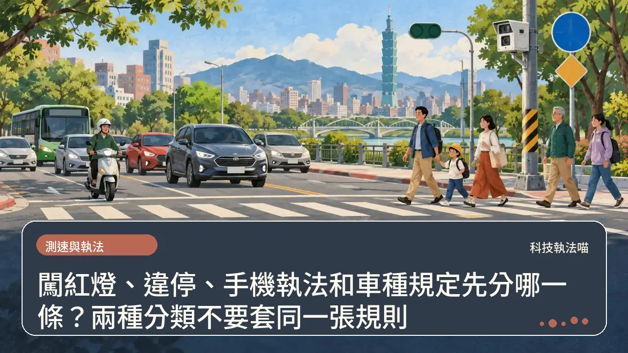 闖紅燈、違停、手機執法和車種規定先分哪一條?兩種分類不要套同一張規則主題插畫