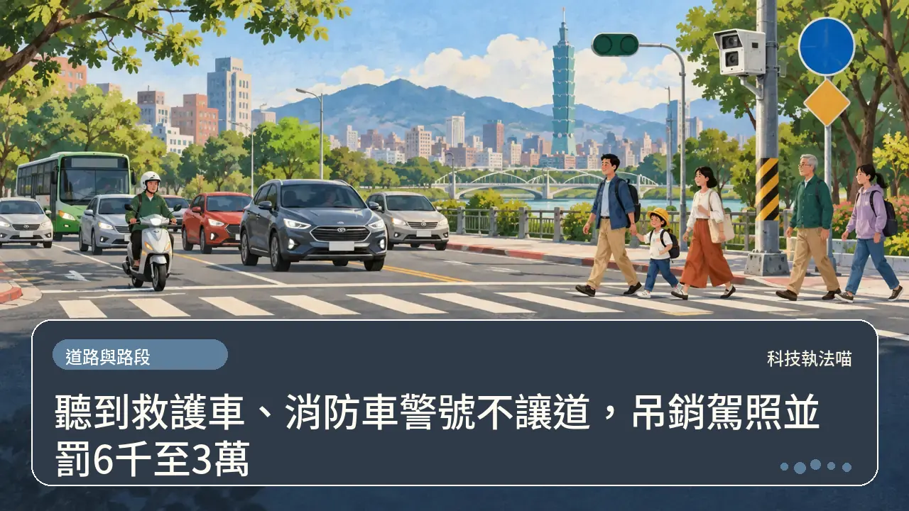 聽到救護車、消防車警號不讓道,吊銷駕照並罰6千至3萬主題插畫