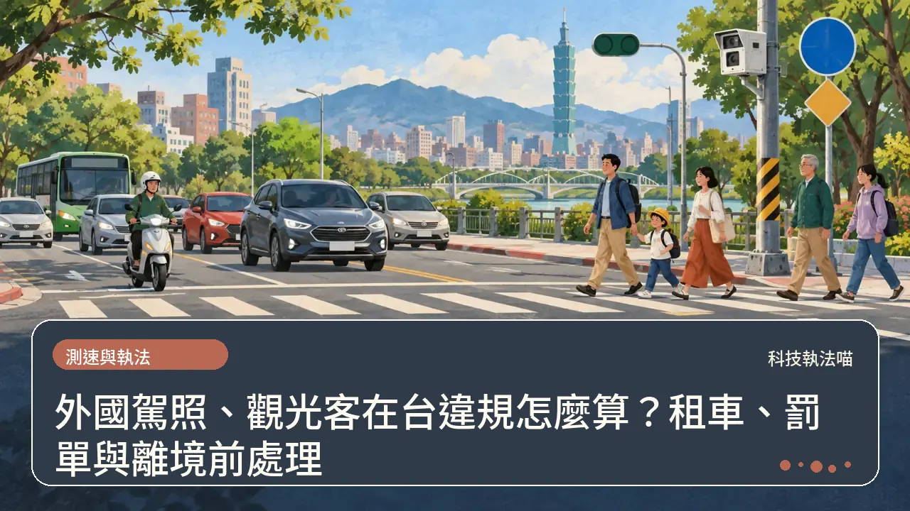 外國駕照、觀光客在台違規怎麼算?租車、罰單與離境前處理主題插畫