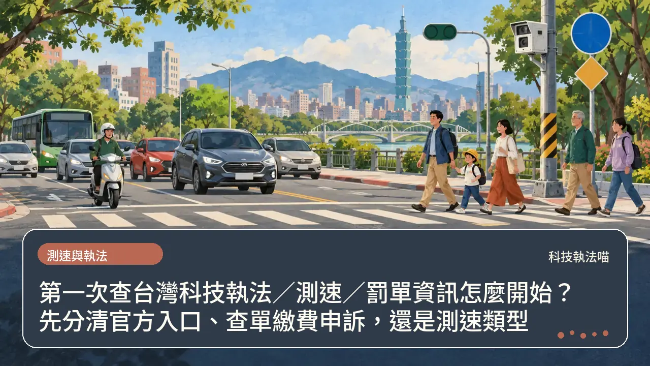 第一次查台灣科技執法／測速／罰單資訊怎麼開始？先分清官方入口、查單繳費申訴，還是測速類型主題插畫