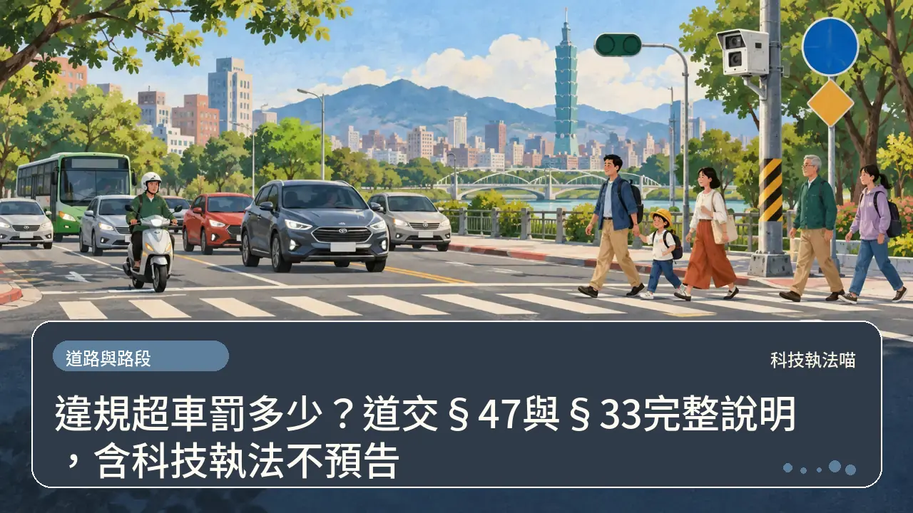 違規超車罰多少?道交§47與§33完整說明,含科技執法不預告主題插畫
