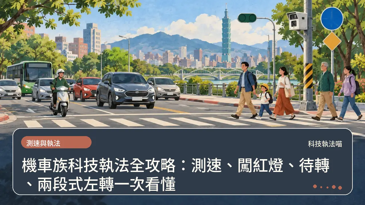機車族科技執法全攻略:測速、闖紅燈、待轉、兩段式左轉一次看懂主題插畫