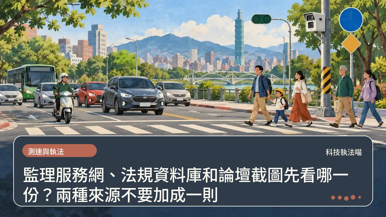 監理服務網、法規資料庫和論壇截圖先看哪一份？兩種來源不要加成一則主題插畫