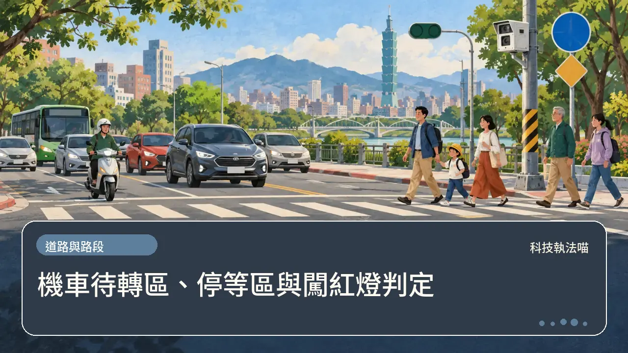 機車待轉區、停等區與闖紅燈判定主題插畫
