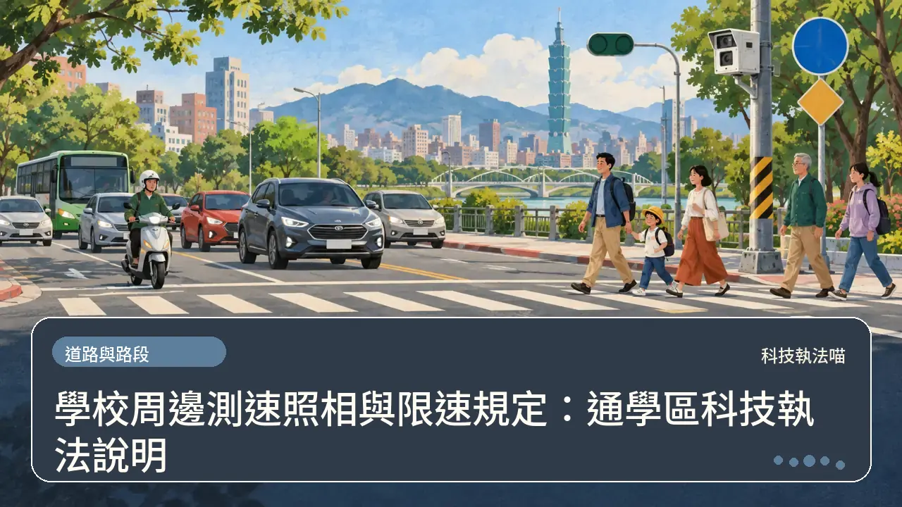 學校周邊測速照相與限速規定:通學區科技執法說明主題插畫