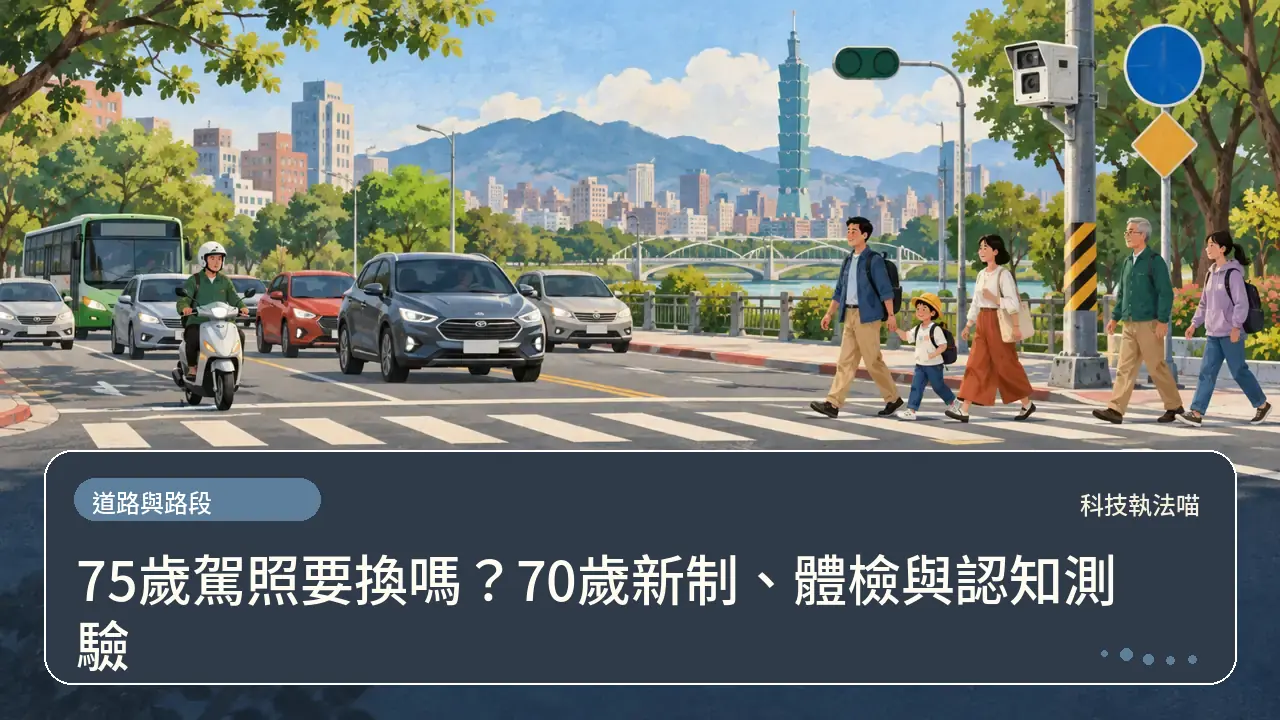 75歲駕照要換嗎？70歲新制、體檢與認知測驗主題插畫