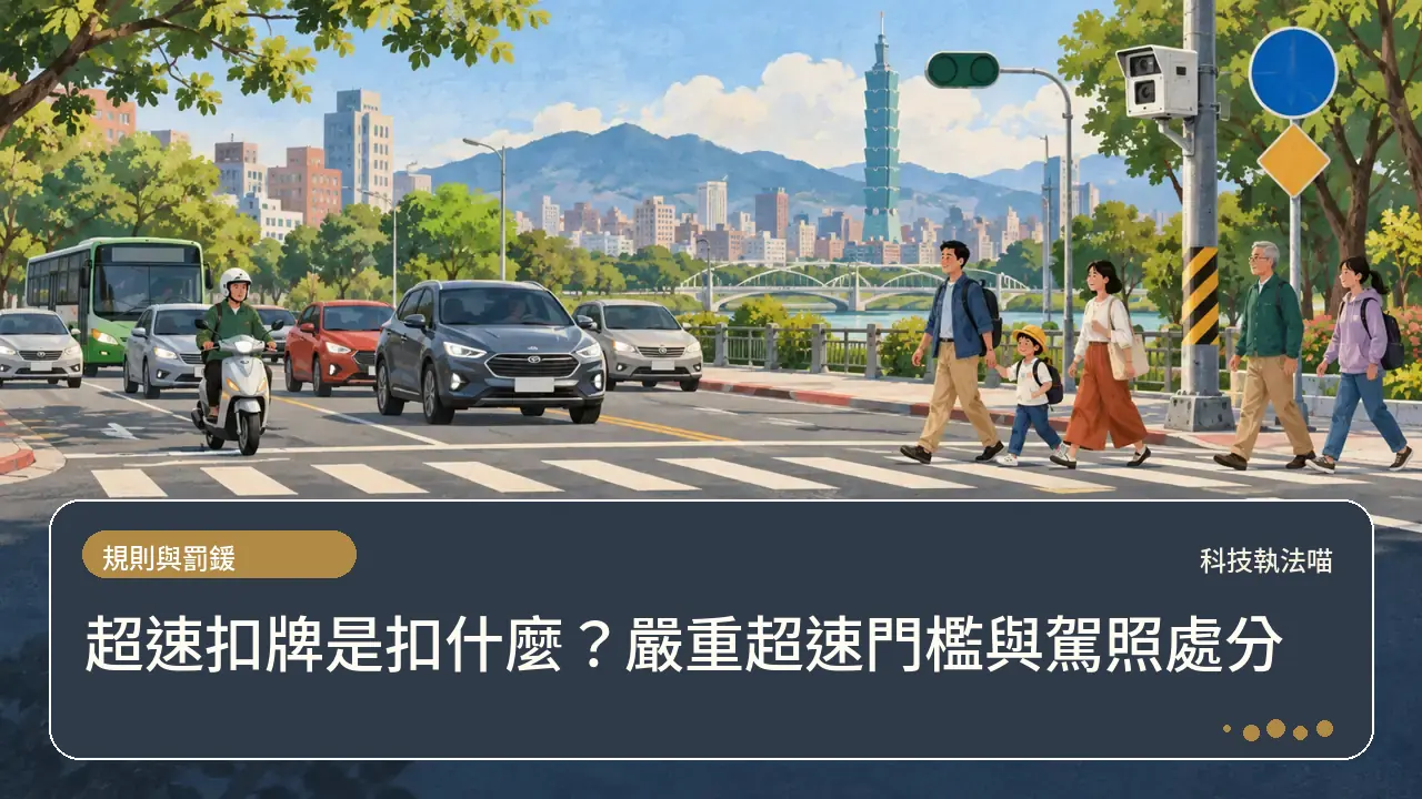 超速扣牌是扣什麼?嚴重超速門檻與駕照處分主題插畫