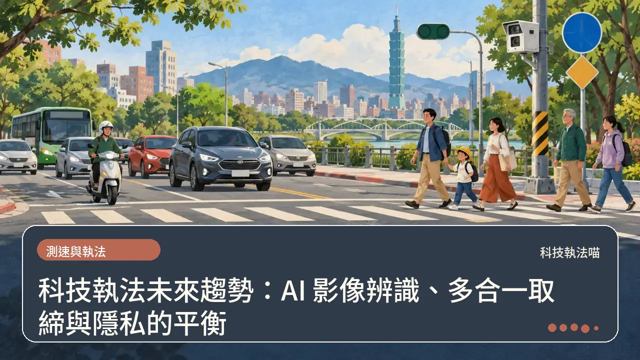 科技執法未來趨勢:AI 影像辨識、多合一取締與隱私的平衡主題插畫