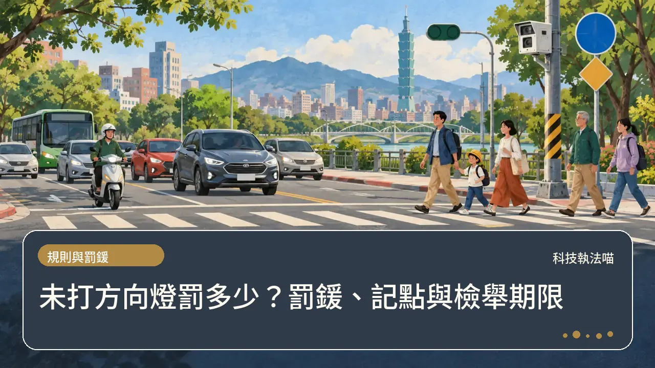未打方向燈罰多少?罰鍰、記點與檢舉期限主題插畫